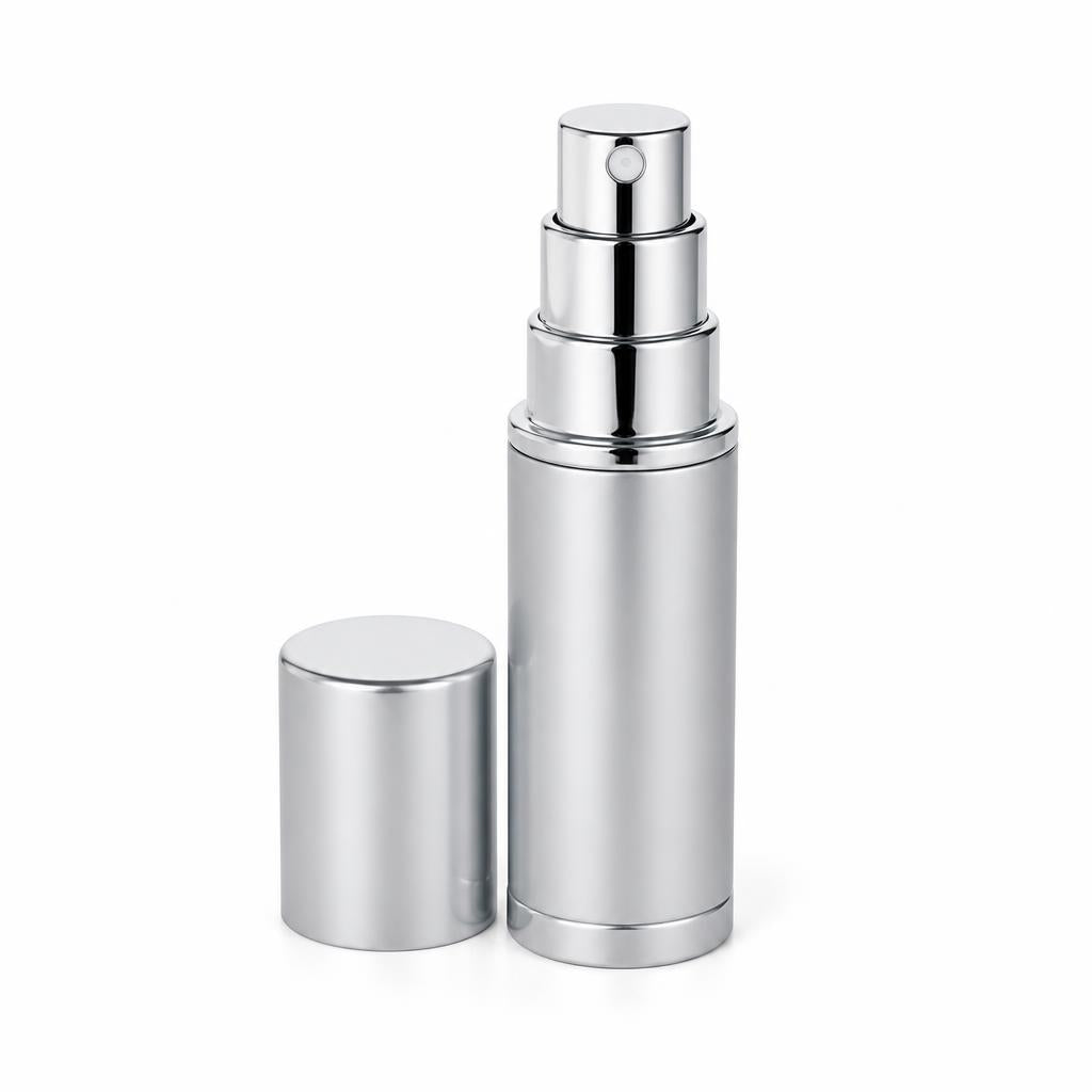 Silver atomiser with cap removed showing mist nozzle