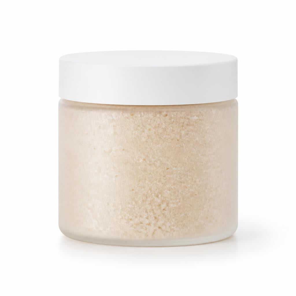 Frosted glass jar of body polish with white lid