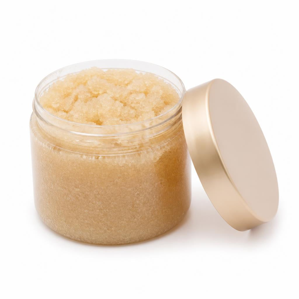 Open jar of sugar body polish showing texture