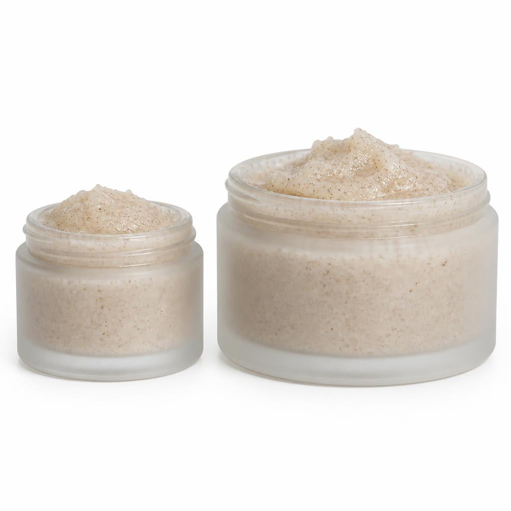 Two sizes of body polish jars side by side