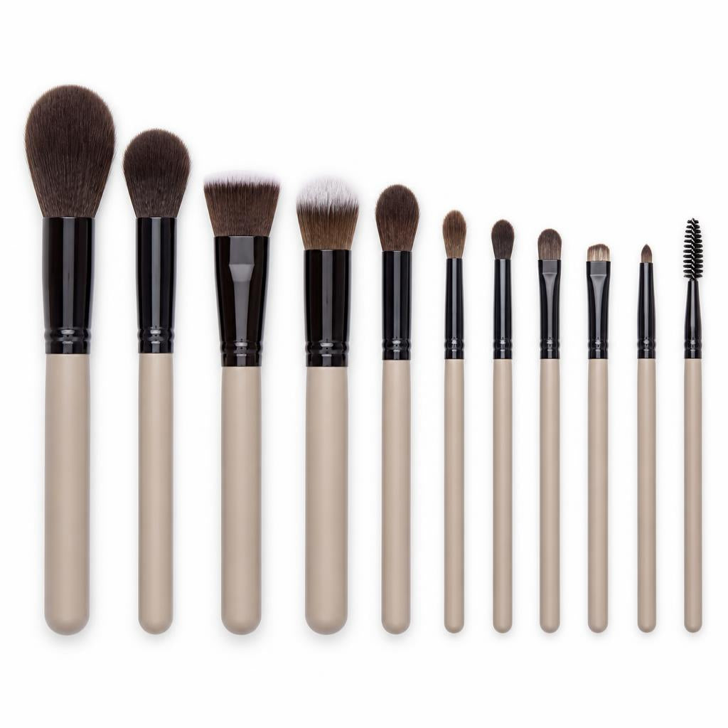 Twelve-piece makeup brush set flat lay