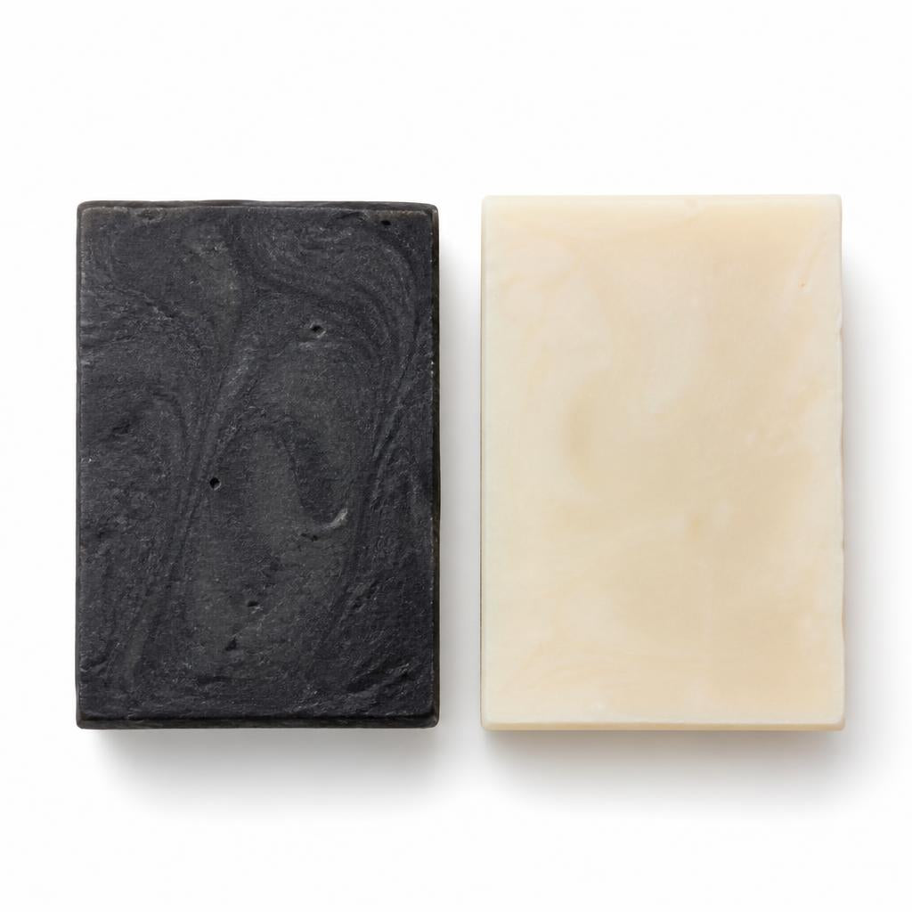 Charcoal and clay cleansing bar duo flat lay
