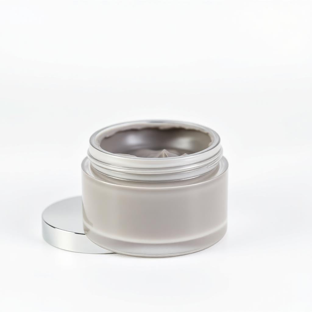 Open jar of grey clay mask with lid beside it