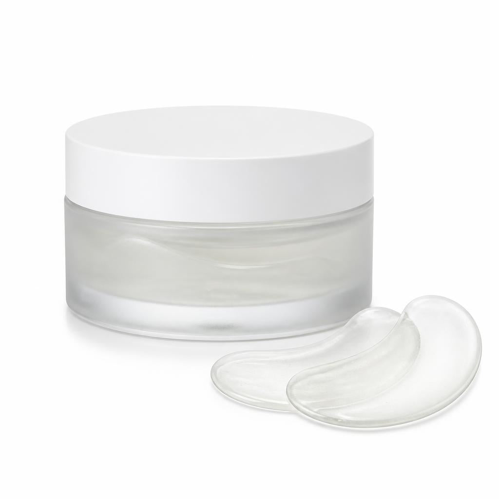 Jar of hydrogel under-eye patches with two patches beside it