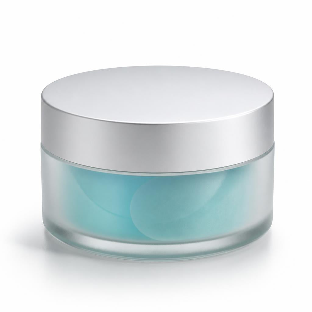 Closed frosted jar of under-eye patches