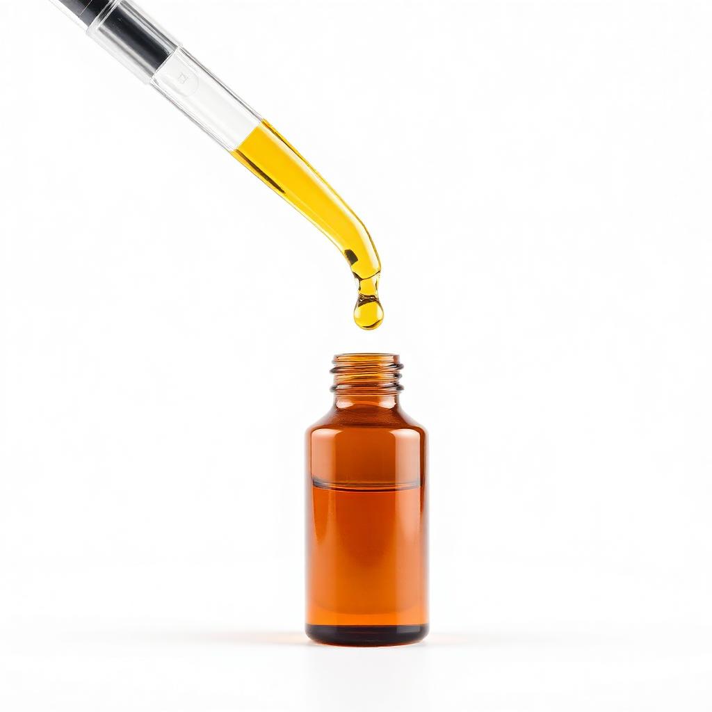 Dropper releasing a golden oil droplet