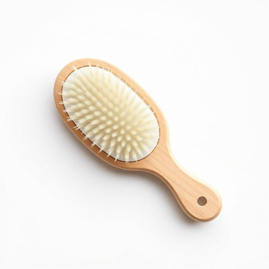 Wooden cushion hair brush on white background