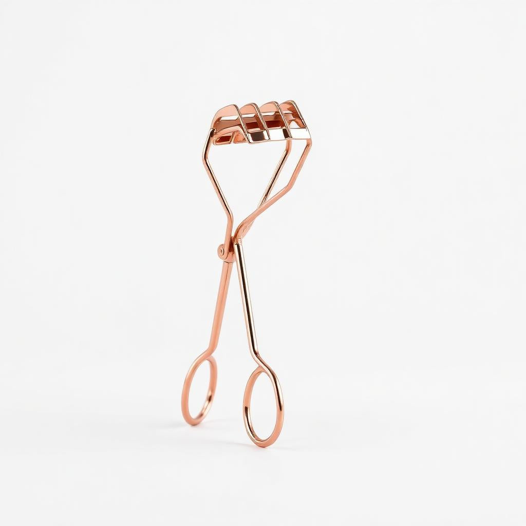 Rose gold eyelash curler at an angle