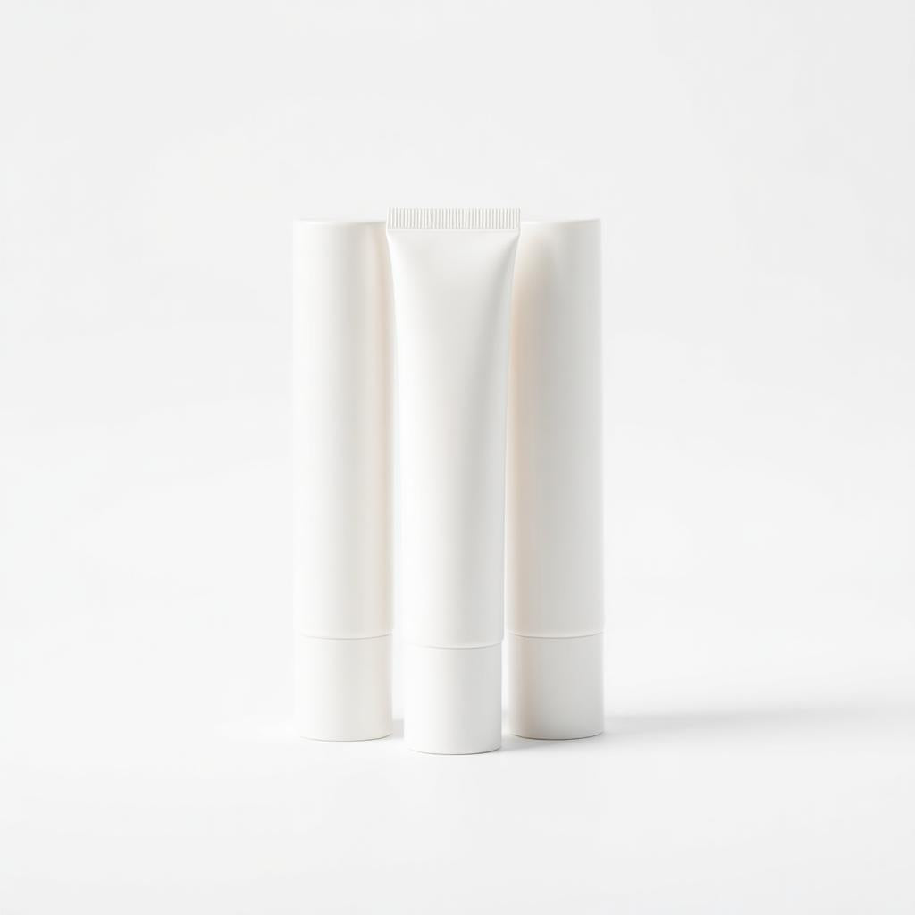 Three white lip balm tubes standing in a row