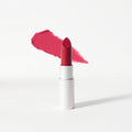 Matte lipstick bullet with swatch on white background