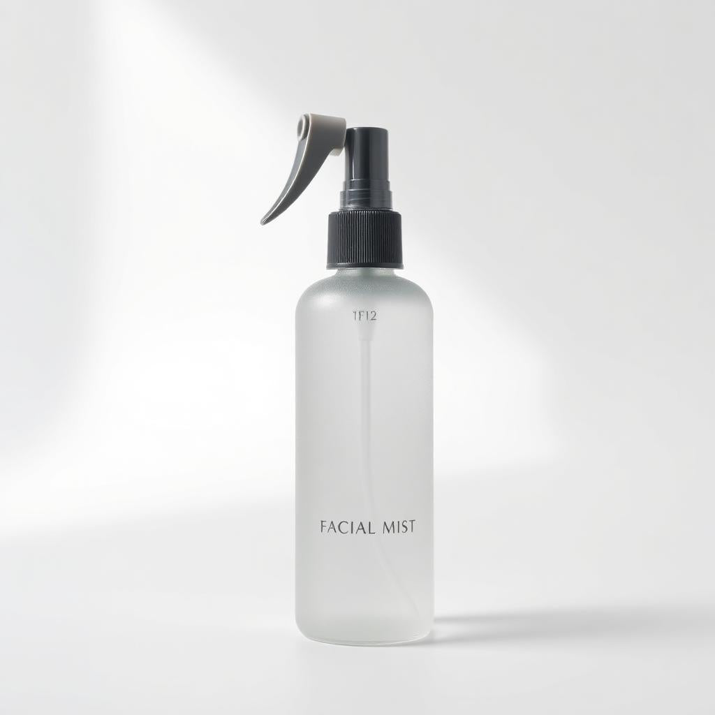 Facial mist bottle angled with fine spray