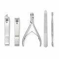 Stainless steel manicure tools laid in a row