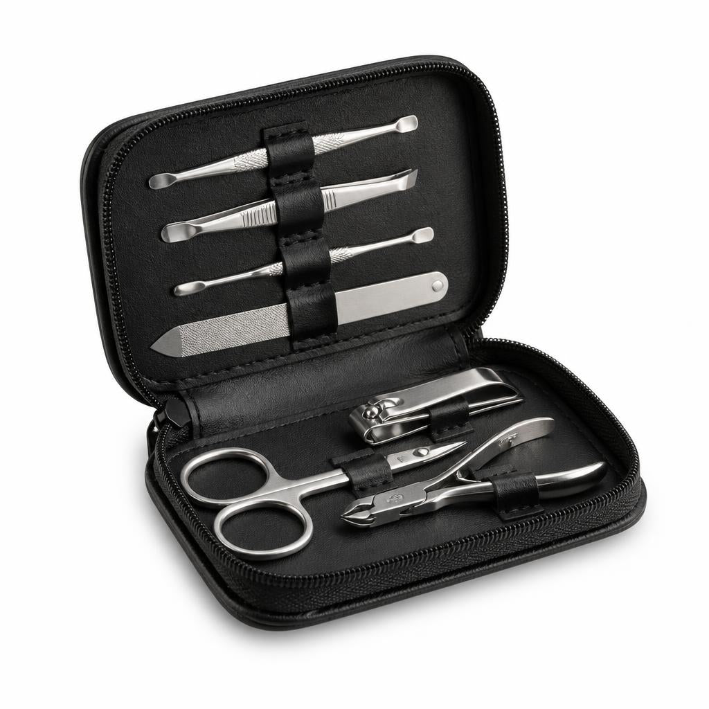 Manicure kit in an open black zip travel case